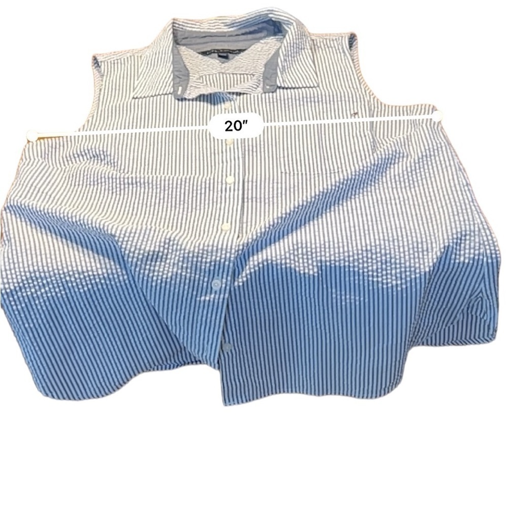 Tommy Hilfiger Seersucker Blue and White Striped Button Down Sleeveless Top - Picture 10 of 13